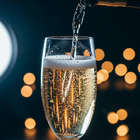 Pouring champagne into a glass on a dark background with bokehの素材