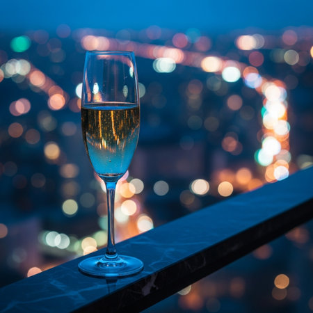 glass of champagne on the background of the night city. bokehの素材