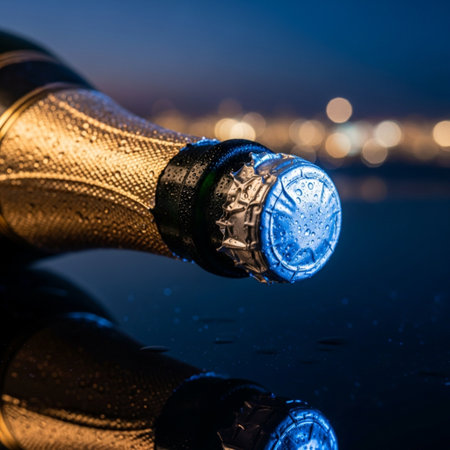 Close up of champagne bottle with water drops on black background with city lightsの素材
