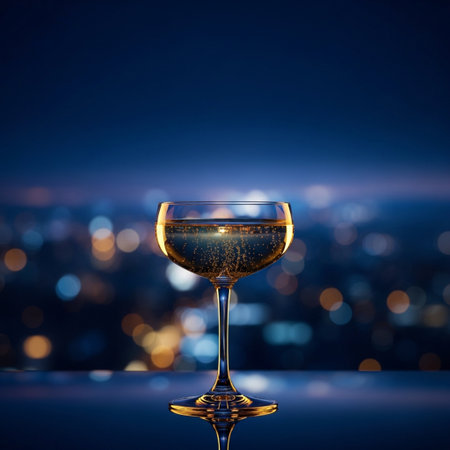 Glass of white wine on a background of the night cityscape.の素材