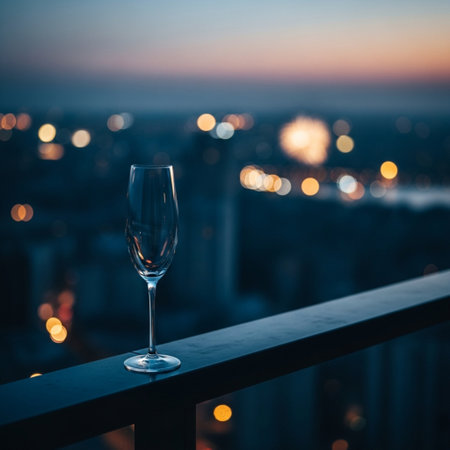Wine glass on the balcony against the background of the night cityの素材