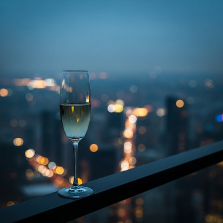 Glass of white wine on the balcony with cityscape background at nightの素材
