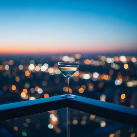 Glass of martini on the balcony with cityscape in the backgroundの素材