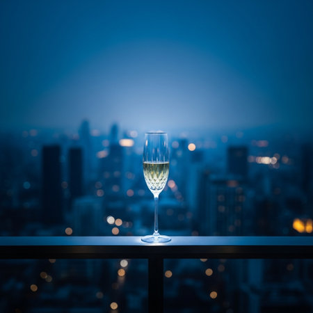 Champagne glass on balcony with view of the city at night.の素材