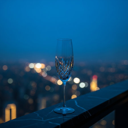 Wine glass on the balcony with cityscape background at night.の素材
