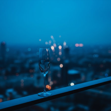 glass of champagne on the balcony overlooking the city at night, blurred backgroundの素材