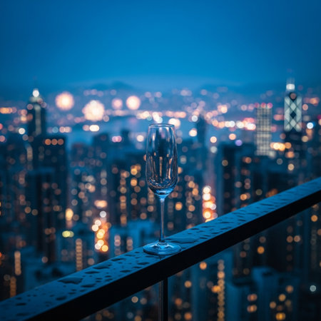 Glass of champagne on the balcony with cityscape and skyscrapers at nightの素材