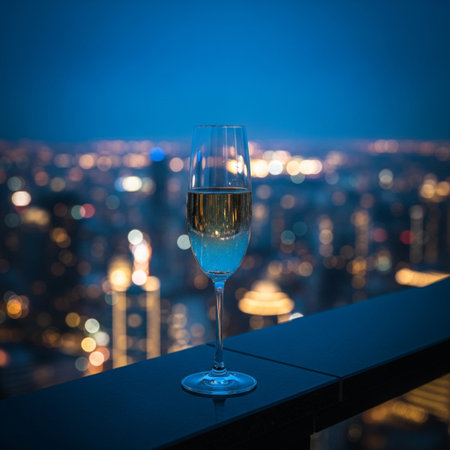 Glass of white wine on a balcony overlooking the city at night.の素材