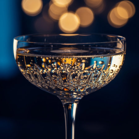 glass of champagne on a dark background with bokeh, close-upの素材