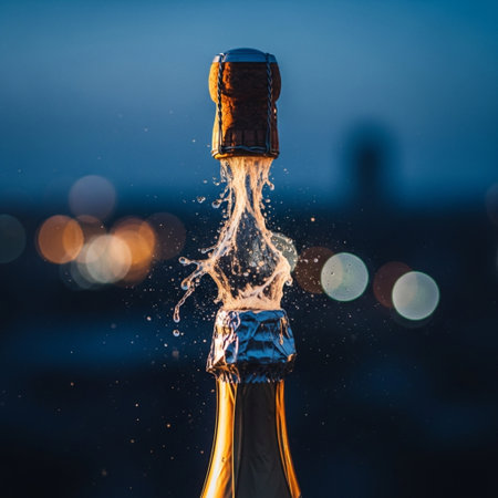 Bottle of champagne with splash and bokeh lights on backgroundの素材