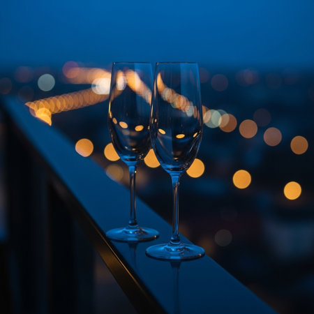 Wine glasses on the balcony against the background of the night cityの素材