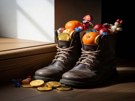 Halloween still life with boots, candies and tangerinesの素材