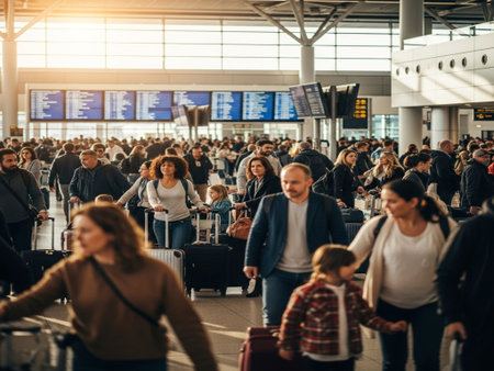 Airport terminal with passengers waiting for their flight. Travel concept.の素材