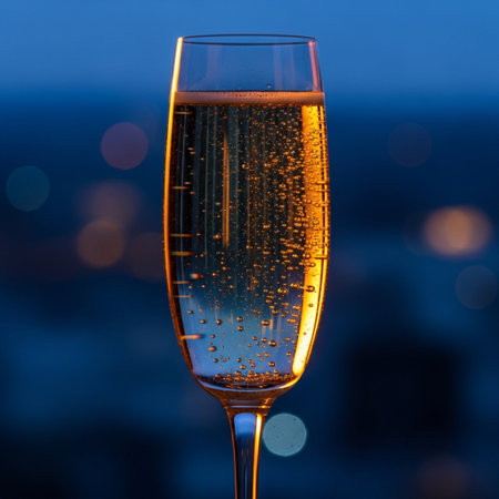 Champagne glass with bubbles on the background of the night city.の素材