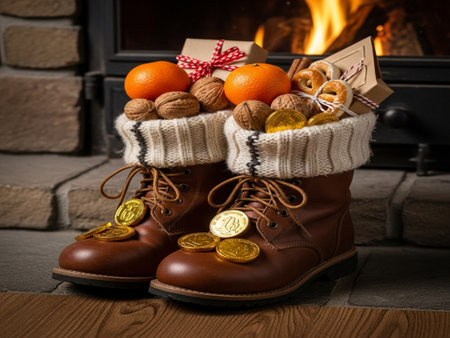 Christmas still life with gifts, tangerines, nuts and bootsの素材