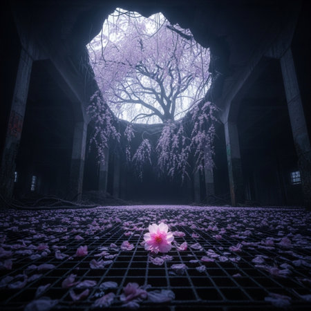Cherry blossoms in full bloom in an old abandoned building.の素材