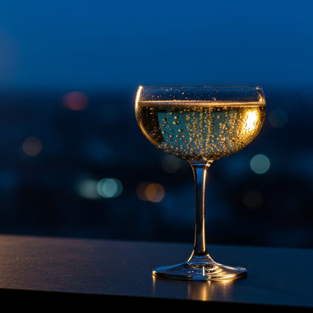 Glass of white wine on a background of the night cityscape.の素材