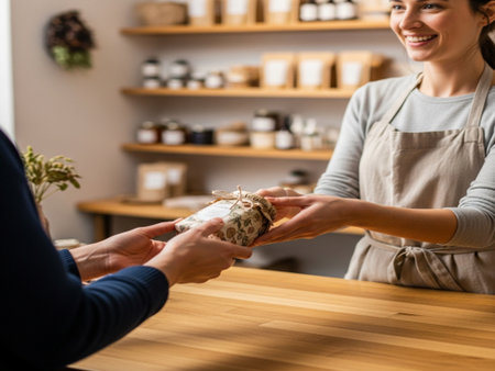 cropped shot of barista giving coffee beans to customer in cafeの素材