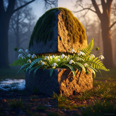 3D rendering of a grave in the forest with snowdrop flowersの素材