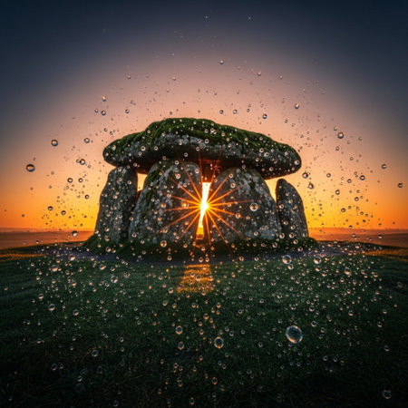 Stonehenge with water drops at sunrise. 3D Renderingの素材