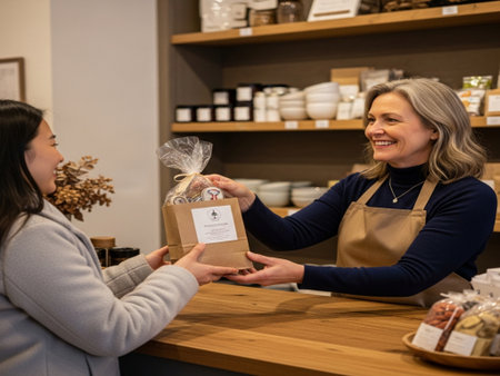Saleswoman Giving Present To Customer At Counter In Grocery Retail Storeの素材