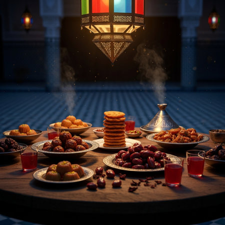 Ramadan Kareem concept. Muslim feast of the holy month of Ramadan Kareem with dates and sweetsの素材