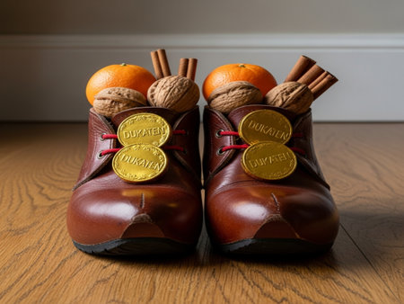 Gingerbread and tangerines on a brown leather shoe.の素材