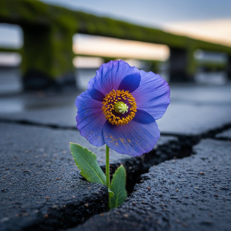 Blue poppy flower growing through cracked asphalt on a bridge over the seaの素材