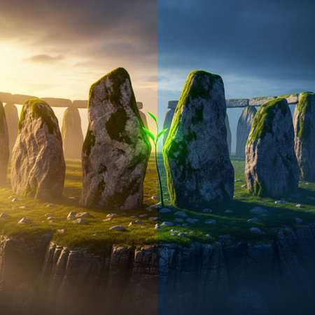 Mysterious megalithic stone monument at sunset. 3D Renderingの素材