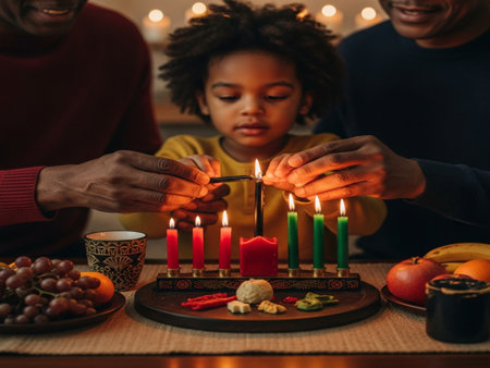 Close up of African American family lighting candles on birthday cake at homeの素材