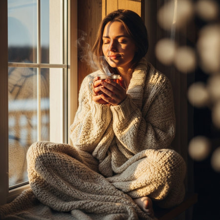 Beautiful young woman in a warm knitted sweater is sitting on the windowsill with a cup of hot drink.の素材