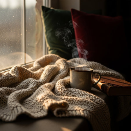 Cup of hot drink wrapped in knitted plaid on windowsillの素材