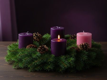 Christmas wreath with burning candles on wooden table, on dark backgroundの素材