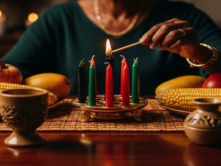 Midsection of senior woman lighting candles during Thanksgiving dinner at home.の素材