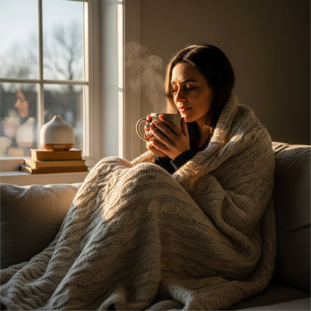 Young beautiful woman wrapped in a warm blanket sitting on the couch at home, holding a cup of hot tea or coffeeの素材