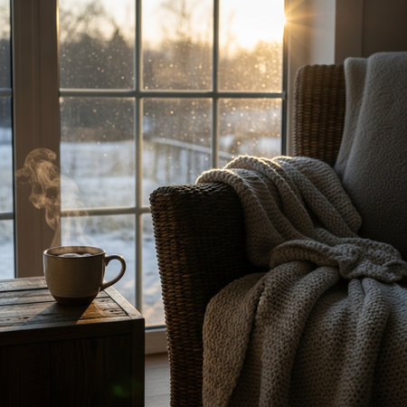 Cup of hot coffee with knitted blanket on a chair near the windowの素材