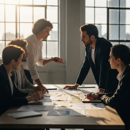 Group of business people working together in modern office. They are sitting at the table and communicating.の素材