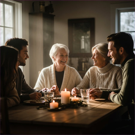 Group of happy senior friends sitting at table at home, talking and laughingの素材