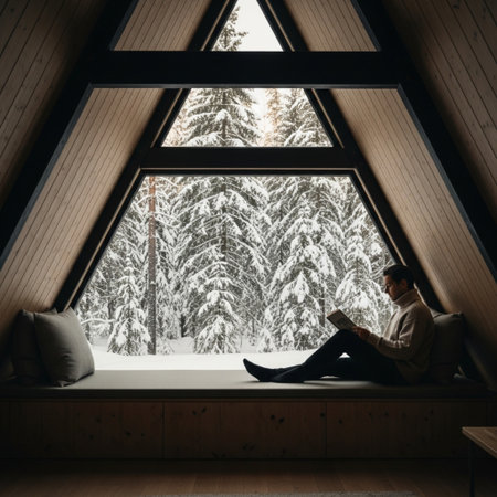 Man reading a book on the windowsill in a wooden house. Winter forestの素材