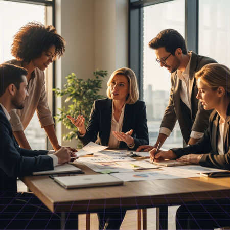 Group of multiethnic business people in smart casual wear working together in office.の素材