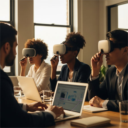 Group of multiethnic business people using virtual reality glasses in officeの素材