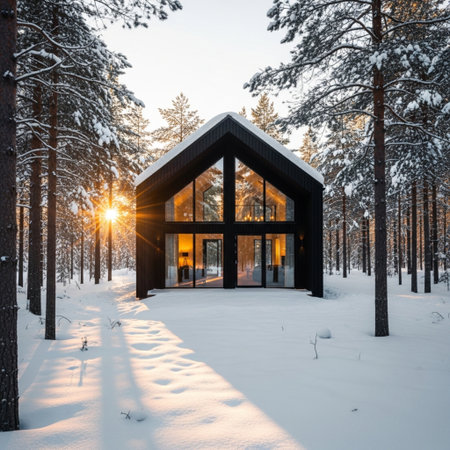 Modern wooden house in a winter forest. Sunlight through the window.の素材