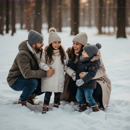 happy family in winter clothes looking at camera and smiling in snowy parkの素材
