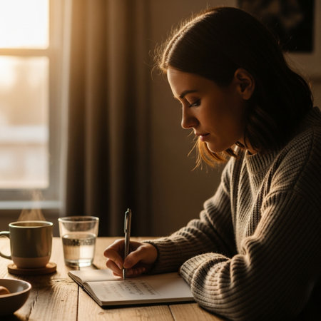 Image of a concentrated young woman indoors at home writing in notebook.の素材