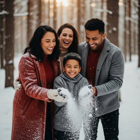 Happy family playing with snow in winter forest. Mother, father and son having fun together.の素材