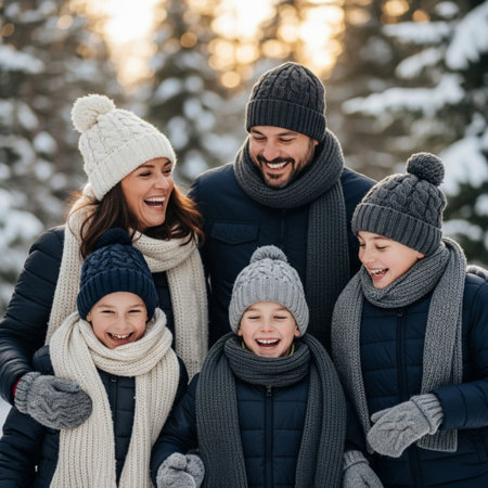 happy family in winter clothes looking at camera and smiling in snowy forestの素材