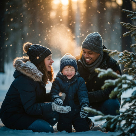 Happy family having fun in winter forest. Mother, father and son playing with snow.の素材