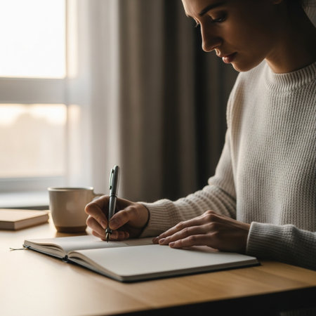 beautiful young woman writing in notebook at table with cup of coffeeの素材