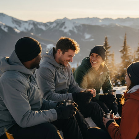 Group of friends sitting on the top of a mountain, drinking coffee and talkingの素材