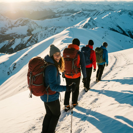 Group of friends hiking in winter mountains. Hikers with backpacks and trekking polesの素材